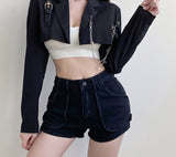 Kukombo Streetwear Punk Chain Black Woman Jacket Buckle Fashion Cardigan Cropped Coat Autumn Winter Jackets Outerwear Short