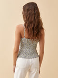 Kukombo Fashion Center Bow Women Tank Top Vintage Navy Floral Print Women Camis Slim Spaghetti Strap Women Crop Top