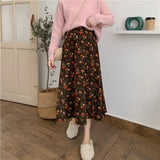 Kukombo Floral Corduroy Women Skirts Retro Elegant Casual Ankle-Length Empire Fashion All-Match New Korean Style Chic Daily Spring Soft