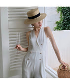 Summer Elegant Woman White Jumpsuits Outfit Office Overalls Vintage Double-Breasted V-Neck Sleeveless Halter Rompers Playsuits