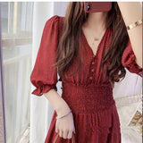 Kukombo Summer Women Printed Ruffles Dress Lady V-Neck Short Sleeve Chiffon Dress Female High Waist A-Line Vestidos