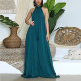 Kukombo Women Chiffon Halter Backless Jumpsuits Loose Style Long Overalls Elegant Party Club Jumpsuit