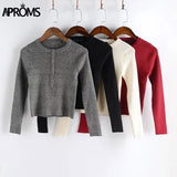 Christmas Gift Aproms Strentch Knitted Short Pullovers Sweater Winter Long Sleeve Slim Crop Top Streetwear Buttons Warm Knitwear Jumper 2021