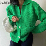 Nadafair Plaid Cardigan Sweater Women Lantern Sleeve Casual Loose Jumper Autumn Winter V Neck Knitted Oversized Cardigan Ladies-1104