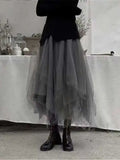 Kukombo Gothic Gray Tulle Long Irregular Pleated Skirts Elastic High Waist A-Line Mesh Midi Skirts Vintage Punk Streetwear Streetwear