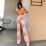 Kukombo Bohemian Style Floral Pants Holiday Slim High Waisted Trousers Vintage Elastic Waist Wide Lege Pants Women Harajuku
