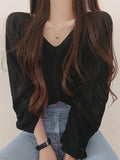 Kukombo Blouse Women Solid Color Minimalist Long Sleeve Fairy Elegant V-Neck Knitting Thin Breathable Soft Casual Basic Sun-Proof Mujer
