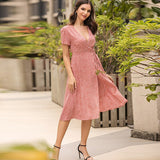 Christmas Gift Women's Summer Dress 2021 New Girl V-neck A-line Short Sleeve Chiffon Long Floral Party Beach Red Dress Femme Robe Clothing