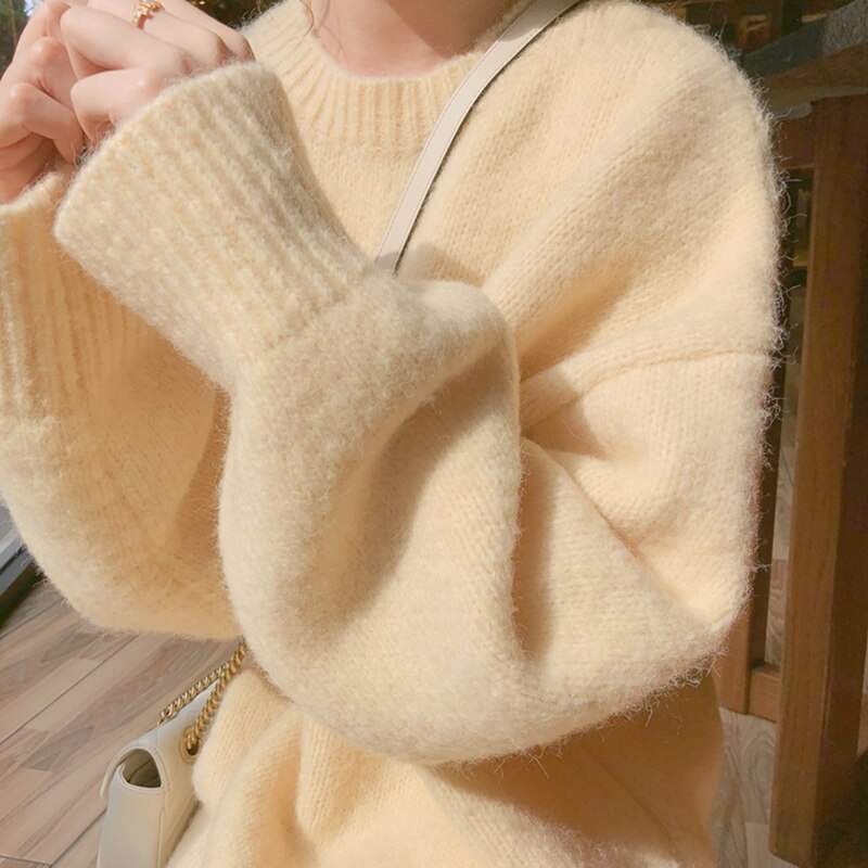 Kukombo Sweaters for Women Yellow O-Neck Pullovers Vintage Knitted 2022 Autumn Winter New Clothes Solid Casual Korean Loose Top