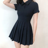 Kukombo Graduation Gift Big Sale  Plus Size Short Sleeved Navy Dress New Summer Pleated Short Dresses Slim High Waist Fashion Folds Casual Dress for Women K62
