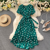 Kukombo Floral Dresses Women Summer Sexy V-Neck Boho Beach Dress Short Sleeve Bandage Waist A-Line Ruffle Midi Dress Wrap Sundress Robe
