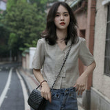 Kukombo Blouses Women Shirts V-Neck Plaid Summer Buttons Sweet Crop Top All-Match Slim Vintage Ulzzang Stylish Elegant Womens Leisure