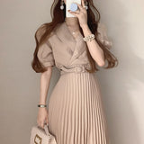 Christmas Gift Korean Chic Summer Dress French Dress Style Suit Collar Lace Up Waist Slim Foam Sleeve Pleated Dress with Belt