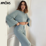 Christmas Gift Aproms White Black Knitted Women's 2 Piece Suits Casual Flare Sleeve Cropped Top and Pants Set Female High Waist Homesuits 2021