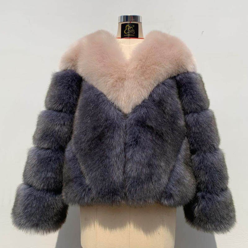 Christmas Gift Fashion Women Luxury Patchwork Faux Fox Fur Jacket Coat Winter Street V Neck Thicken Warm Outerwear Casual Fuzzy Cozy Overcoat