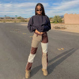 Kukombo Autumn Patchwork High Waist Straight Jeans Woman Pants Casual Denim Trousers Color Block Brown Streetwear Pants Jeans Woman