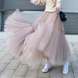 Kukombo Vintage Pink Pleated Long Tulle Skirt Tutu Femme High Waisted Runway Soft Mesh Skirts Korean Women 2021 Spring New Jupe harajuku