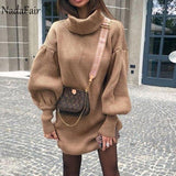 Turtleneck Warm Women Sweater Dress Wrap Mini Vintage Lantern Sleeve Autumn Casual Solid Knitted Winter Dress-1118