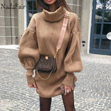 Nadafair Turtleneck Warm Women Sweater Dress Wrap Mini Vintage Lantern Sleeve Autumn Casual Solid Knitted Winter Dress