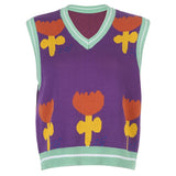 Christmas Gift HEYounGIRL Floral Print Sleeveless Knit Vest Women Autumn Crop Top Sweater Women V Neck Vintage Knitwear Streetwear 2021