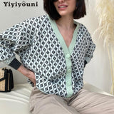 Christmas Gift Yiyiyouni Oversized Knitted Printed Cardigans Women Autumn Winter Cashmere V-Neck Loose Sweater Female Casual Knitwear Tops 2021