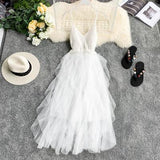 Strap Flyffy Dress Women Knit Halter Stitching Mesh Cupcake Dress Solid Color Sundress Lady Sexy Beach Party Robe Club Wear