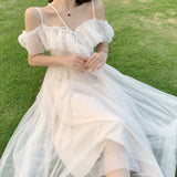 Kukombo Lolita Style Mesh Ruffles Slash Neck Off Shoulder Lace Up Women Summer White Dress Spaghetti Strap Dresses