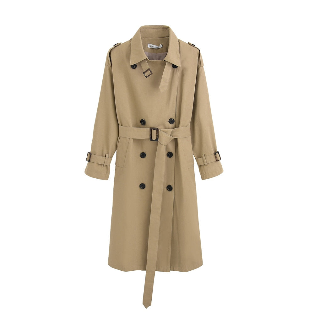 Christmas Gift Fashion Brand New Women Trench Coat Long Double-Breasted Belt Blue Khaki Lady Clothes Autumn Spring Outerwear Oversize Quality