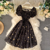Vintage Dress Corset For Women Elegant Square Neck Short Sleeves Hepburn Style Black Robe Cocktail Dresses Summer Clothing