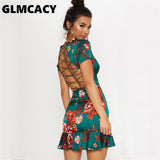 Kukombo Women Green Criss Cross Back Frill Hem Shift Dress Streetwear Sheath Flora Print Short Sleeve Above Knee Mini Summer Party Dress
