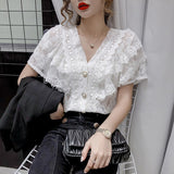 Kukombo Christmas Gift Summer New French Tops Ruffle Stitching Shirt Female V-neck Hollow Lace Blouse Women Short Sleeve Crochet Blouse