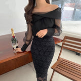 Kukombo Slash Neck Long Sleeve Shirt Women Elegant Temperament Korean Chic Blouse See Through All-match Tops Blusas Mujer 3e089