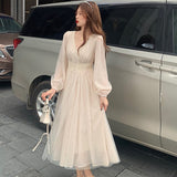 Kukombo Women Elegant Mesh Dress French Solid Long Sleeve Fairy Party Lace Dress Sexy V-Neck Chic Dress Spring Clothing Female Vestido