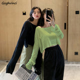 Kukombo Long Sleeve T-Shirts Women Crop Top Solid Thin Sun-Proof Korean Style Loose All-Match Teens Chic Ins Womens Trendy Ulzzang New