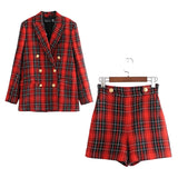 Kukombo Double Breasted Tweed Plaid Vintage Winter Blazer Shorts Sets Coat Red Checked Autumn Thick Two Pieces Suits Outfit