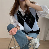 Kukombo 2022 New Autunm Winter Women Sweater Pullover Vest Sleeveless Oversized Knitted Checkered Vintage Lady Tops SWV1397JX