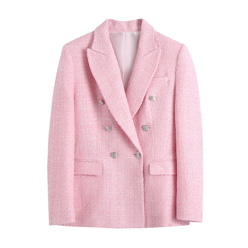 Kukombo Chic Women Pink Tweed Suit Blazer Sets Double Breasted Blazer With High Waist Shorts Office Ladies Outfits Set