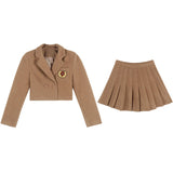 Kukombo  College Style Cropped Two Buttons Cardigan and Pleated Mini Skiet 2 Piece Set for Girls Korean Japan Fashion Preppy Suit