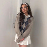 Christmas Gift Preppy Style Vintage V Neck Sweater Women Autumn Casual Argyle Plaid Jumper Female Korean Fashion Pullover Winter