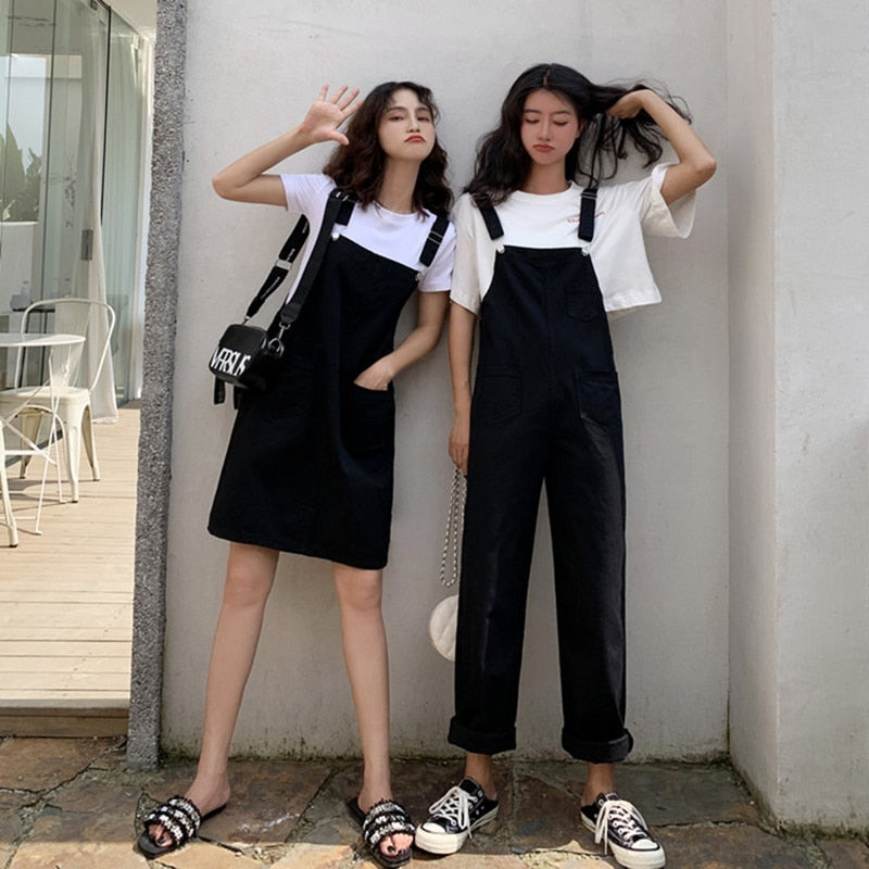 Kukombo Korean Version Of Woman's Denim Overalls + Thin Sloppy Skirt Girlfriend Skirt Pure Black And Yellow Wild Preppy Style Jumpsuits
