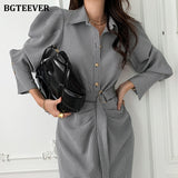 Christmas Gift BGTEEEVR Chic Turn-down Collar Women Long Plaid Dress Fashion Single-breasted Belted Female Dress Full Sleeve Bodycon Vestidos