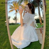 Kukombo 2022 Summer Women Sexy Backless Square Collar Fariy Dress Vintage Print White Beach Dress Puff Sleeve Holiday Vestidos