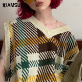 Kukombo Vintage Plaid Knitted Sweater Vest For Women Preppy Style V-Neck Loose Tops Streetwear Fashion Casual Female 90s Vest