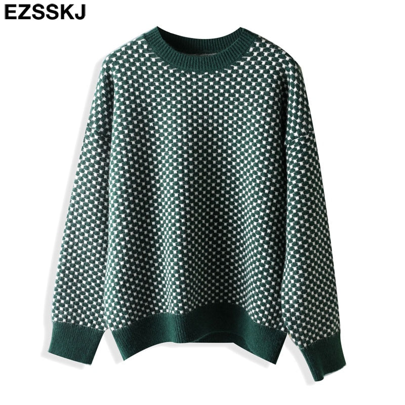 Christmas Gift oversize blue dot Sweater Pullovers Women winter autumn thick O-neck chic 2021 sweater long sleeve sweater top