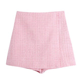 Kukombo Chic Women Pink Tweed Suit Blazer Sets Double Breasted Blazer With High Waist Shorts Office Ladies Outfits Set