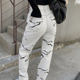 Kukombo Grey Brown Aesthetic High Waist Women's Straight Jeans Harajuku Baggy Tie Dye Print Casual Mom Denim Trouser Streetwear