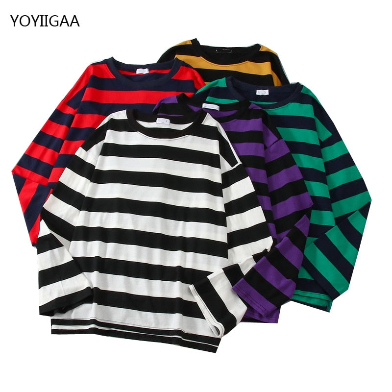 Christmas Gift Spring Fall Women Tshirts Oversize Stripe T Shirt Harajuku Long Sleeve Female T-shirts O-neck Casual Ladies Tshirt Baisc Tops
