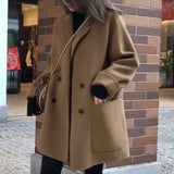 Christmas Gift Women Woolen Double Breasted Long Trend Coat Za Autumn Winter Casual Long Sleeve Overcoat Loose Vintage Fashion Outwear Jacket