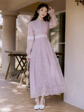 Kukombo Spring New Retro Elegant Cheongsam Women Long-Sleeved Stand Up Collar Lace Stitching Mid-Length Temperament Cheongsam Women K147