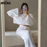 Christmas Gift Aproms White Black Knitted Women's 2 Piece Suits Casual Flare Sleeve Cropped Top and Pants Set Female High Waist Homesuits 2021